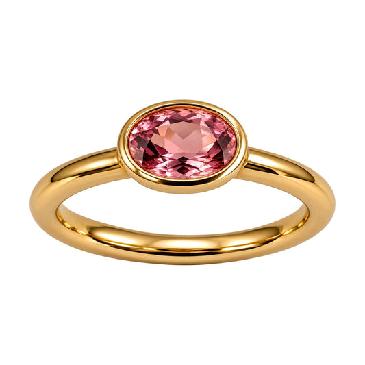 Ring aus 750 Gelbgold mit ovalem rosa Turmalin, handgefertigt im Atelier Q Köln