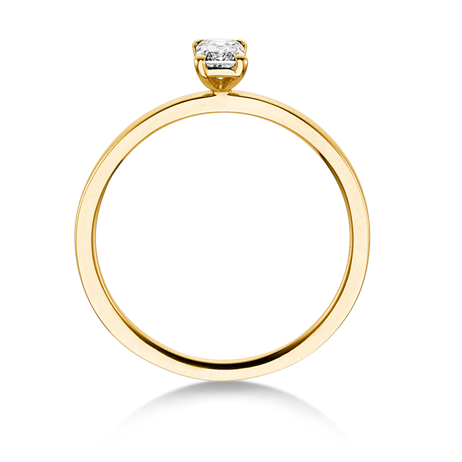 Verlobungsring aus recyceltem Gold mit rechteckigem Diamanten im Emerald Cut, Seitenansicht. Der Stein wird von vier Krappen gehalten, schlichte gerade Ringschiene.