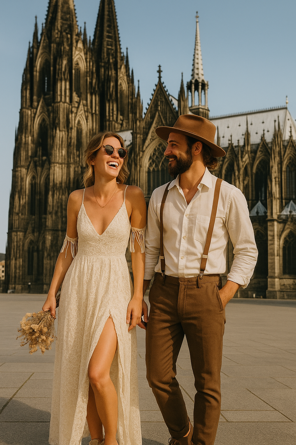 Brautpaar im Boho-Style vor dem Kölner Dom