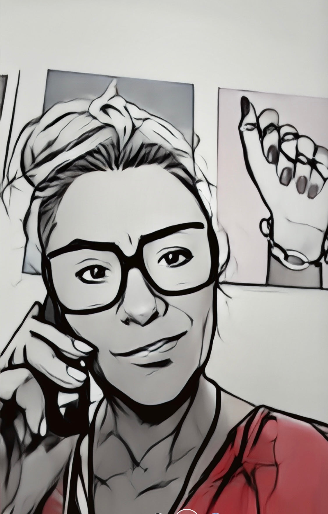 Illustration einer Frau mit Brille und Headset im Atelier-Stil – gezeichnetes Porträt von Andrea Quast