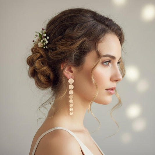 Lange handgefertigte Roségold-Ohrringe mit beweglichen Goldplättchen im Waterfall Design – Atelier Q