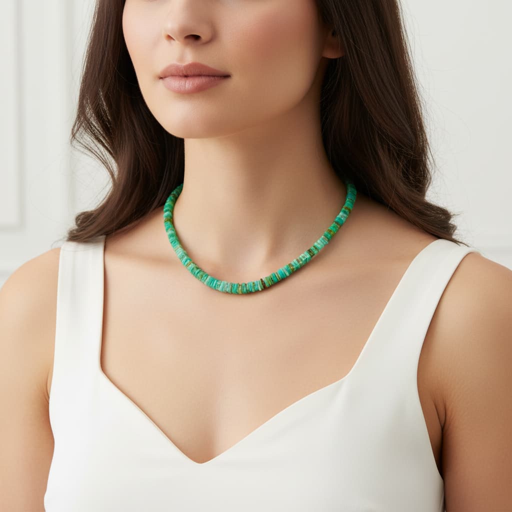 Grüne Edelsteinkette mit Weißgold-Zwischenteilen, getragen von einer Frau – handgefertigter Schmuck von Atelier Q.