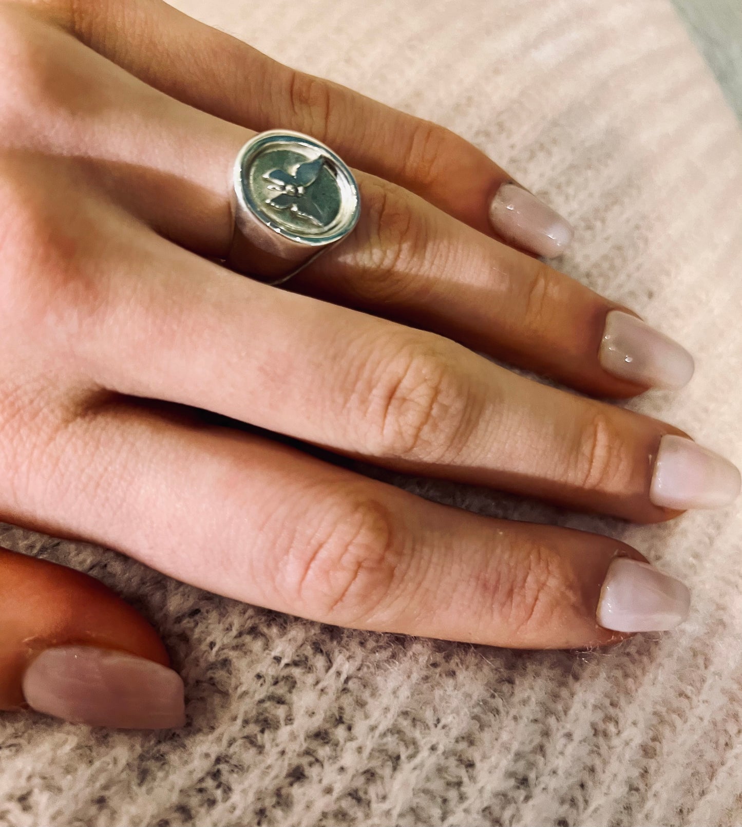 Massiver, ausgefallener Wappenring mit Schmetterling an der Hand getragen.