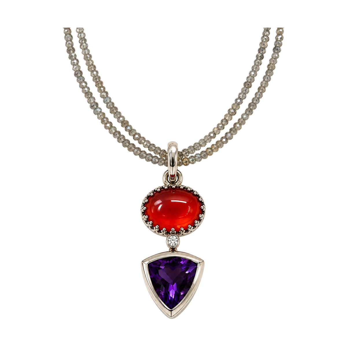 Silberkette mit Anhänger aus Feueropal, Diamant und Amethyst im Dreiecksschliff