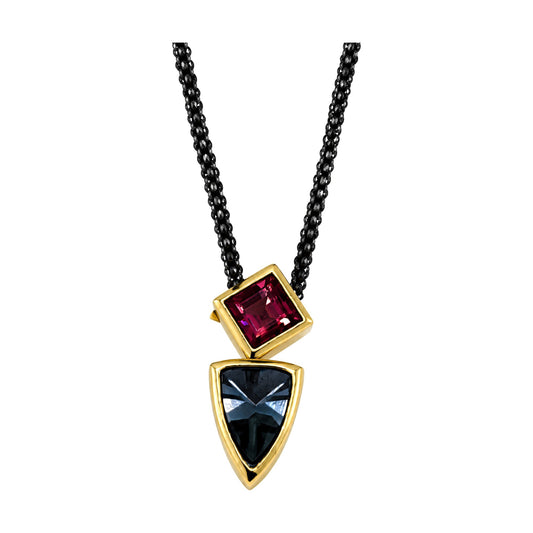 Collier mit zwei Turmalinen in 750 Gelbgold an geschwärzter Silberkette