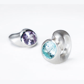 Massive Silberringe aus der Buddha Serie mit Aquamarin und Amethyst – handgeschmiedete Unikate