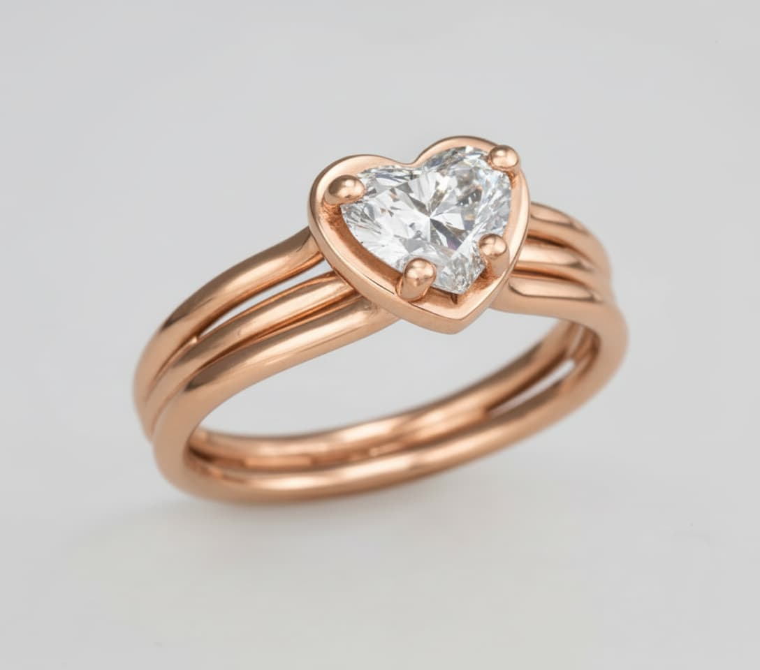 Solitair Ring mit Herz Diamant in 585 Rosegold - handgeschmiedet im Atelier Q